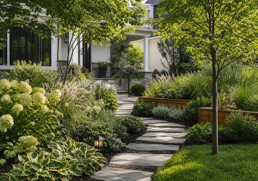 Landscaped front garden with stone path, layered planting and warm path lights