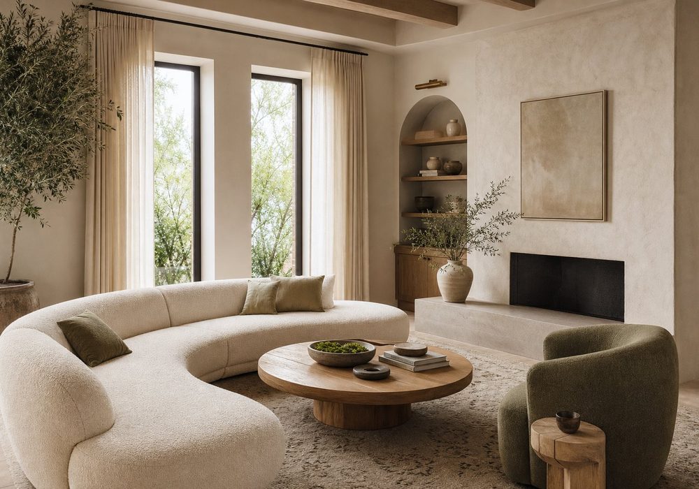 Warm cream living room with curved sofa, oak coffee table and stone fireplace
