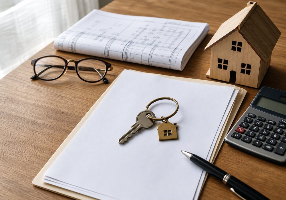 Home renovation paperwork, house key, small wooden house model and calculator on an oak desk