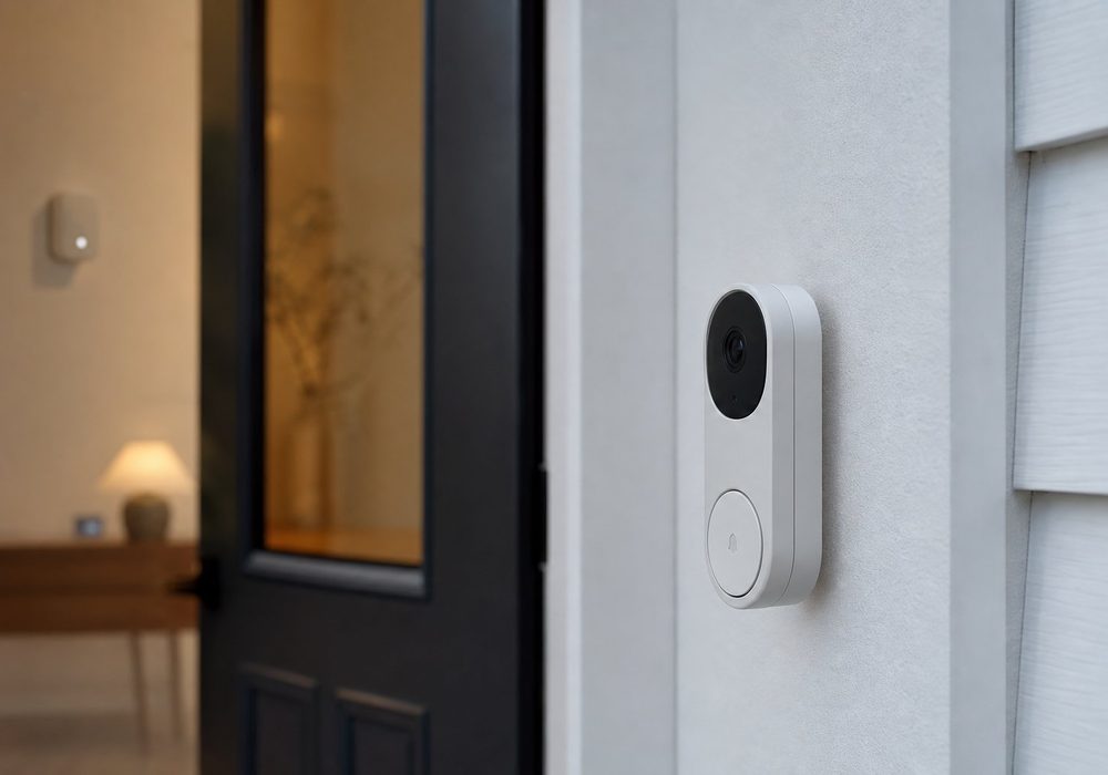 Smart video doorbell beside a front door with an indoor smart sensor behind