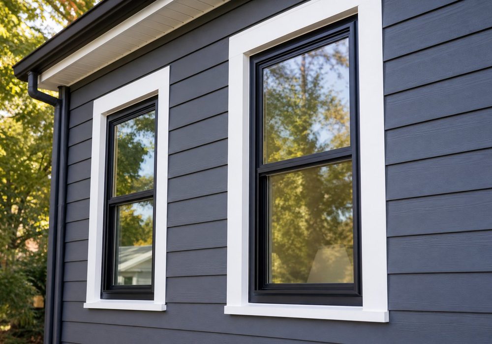 New black-framed energy-efficient windows with crisp white trim on a renovated home